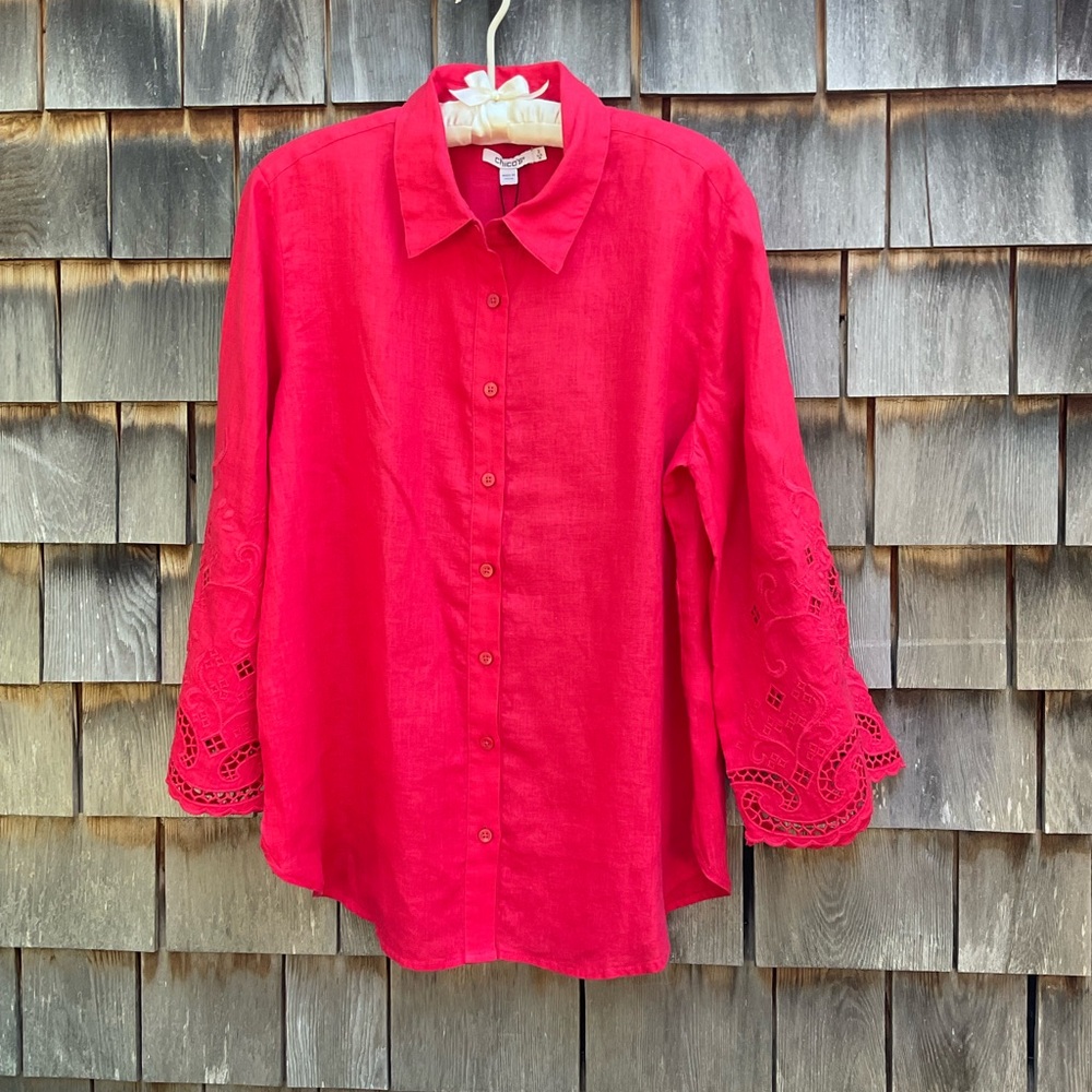 Chico's Red Button Down Shirt Notched Collar Relaxed Fit